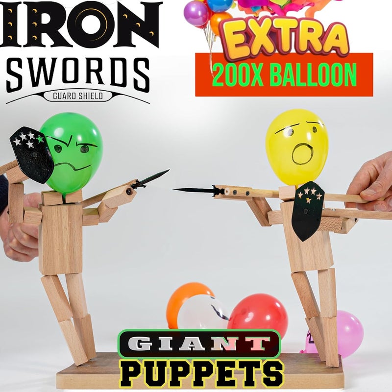 Akargol Handmade Wooden Fencing Puppets - XLarge 2025 New Sword Duel Game Best Family Board Games for Christmas 2-Player Wooden Robot Battle Balloon Game, Whack a Balloon Party Games for 2 Players - Image 1